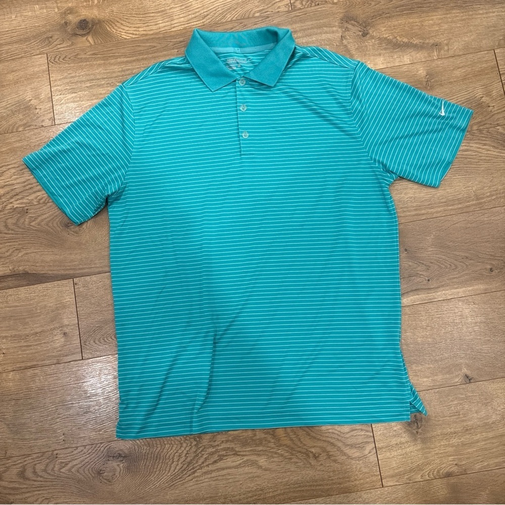 Nike Golf Tour Preformance Polo Shirt Mens Sz L Teal Stripe Dri-Fit Short Sleeve